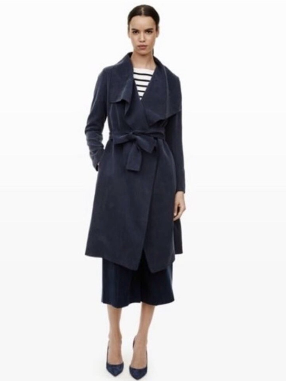 Club Monaco Navy Draped Trench Coat with Tie Belt